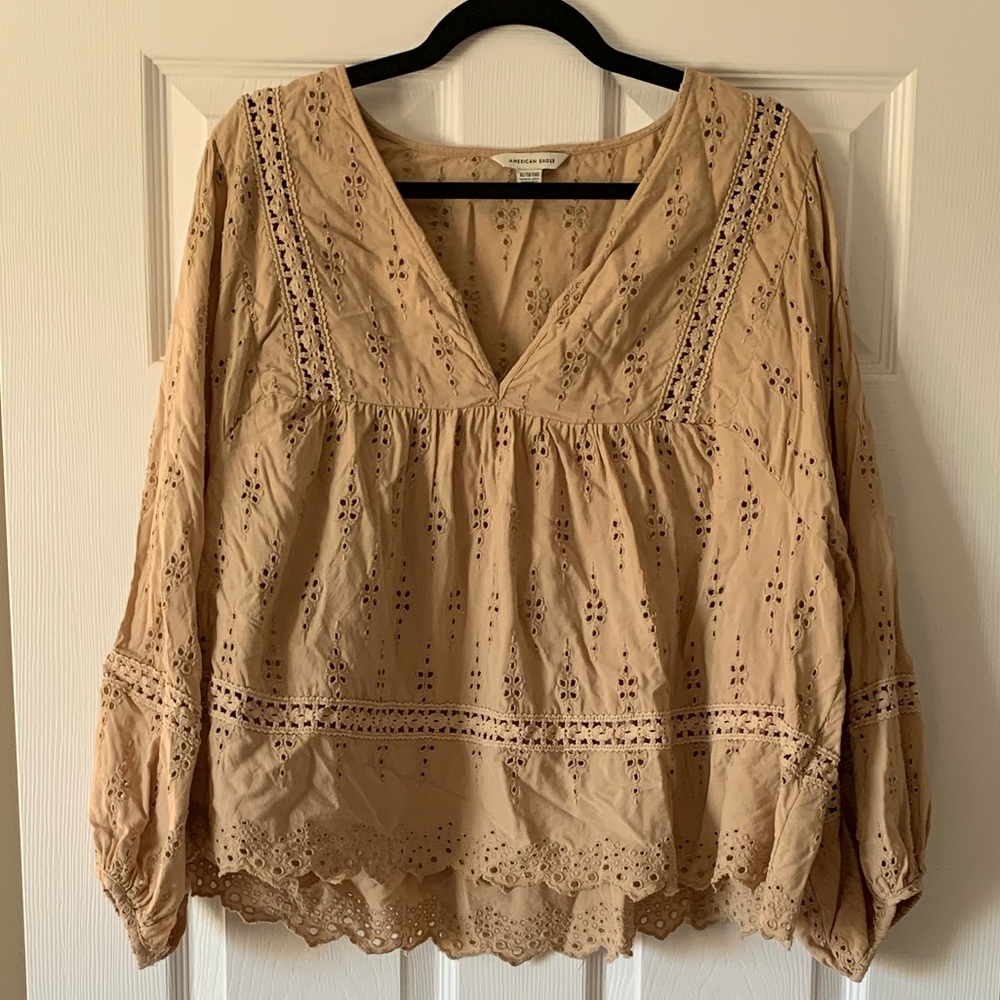 American Eagle Outfitters Beige Eyelet Blouse